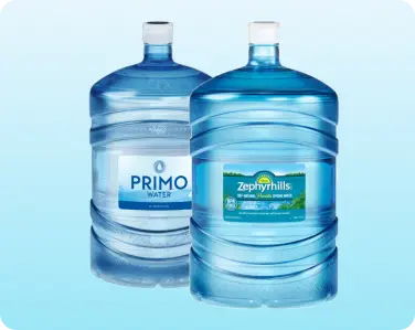 Assortment of 5-gallon bottled water jugs ready for delivery.