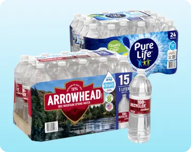 Stacked case packs of bottled water.