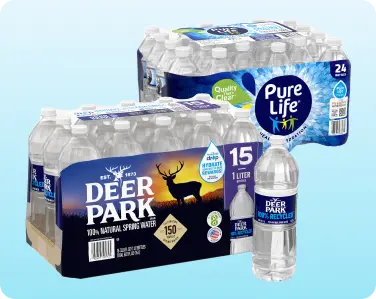 Stacked case packs of bottled water.