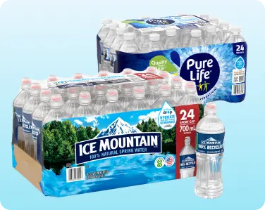 Stacked case packs of bottled water.