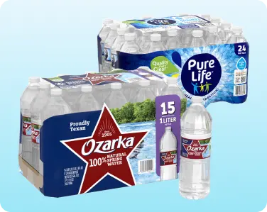 Stacked case packs of bottled water.