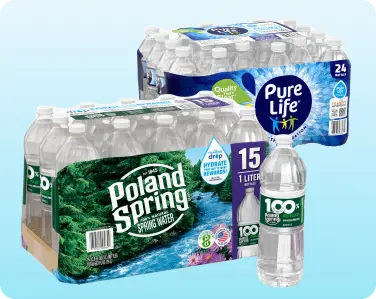 Stacked case packs of bottled water.