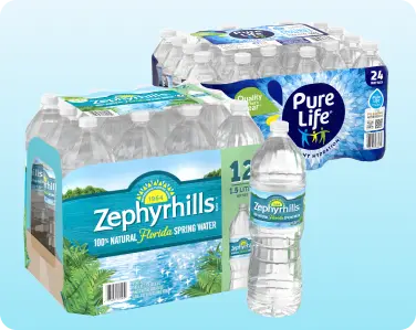 Stacked case packs of bottled water.